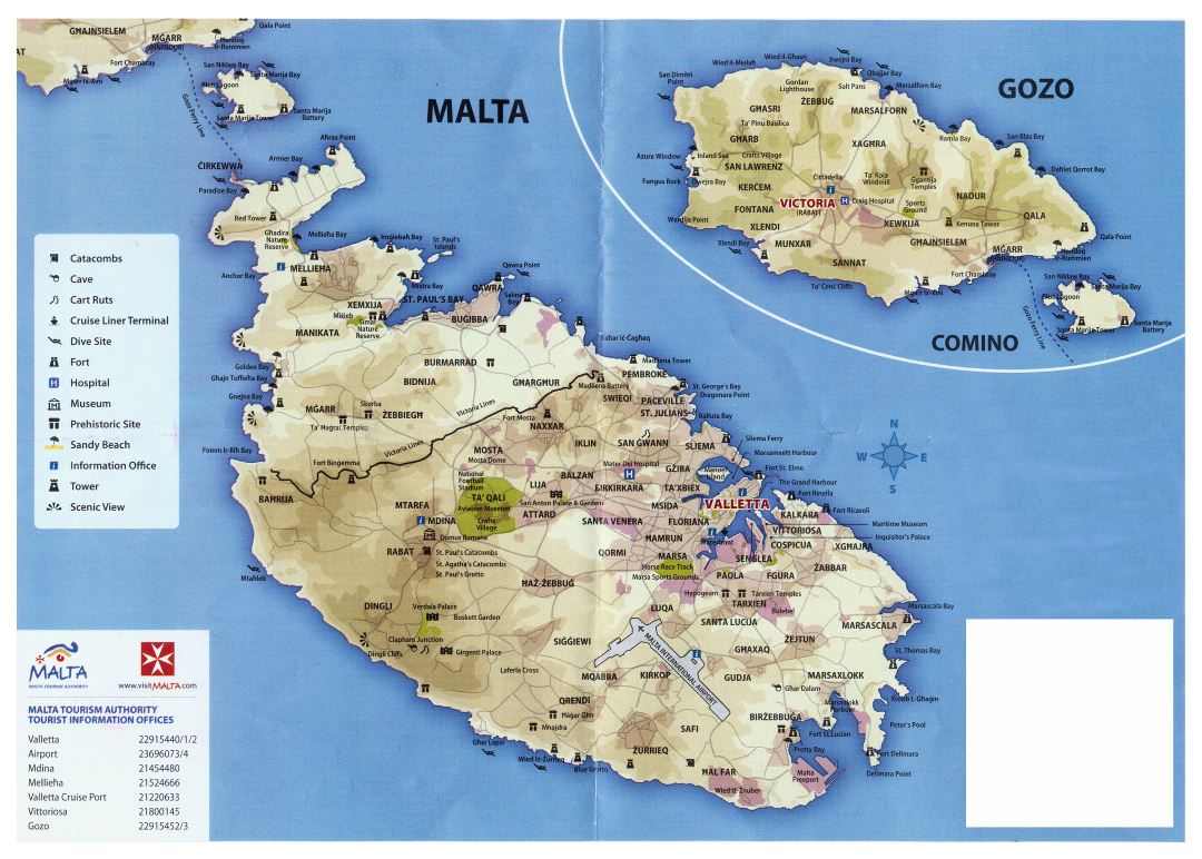 A gran escala mapa turística de Malta y Gozo con otras marcas