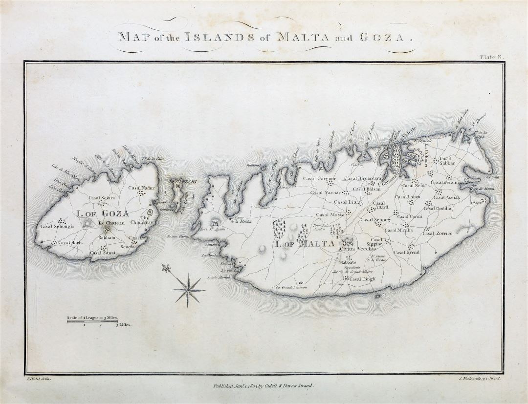 A gran escala viejo mapa de Malta y Gozo con carreteras y ciudades - 1803