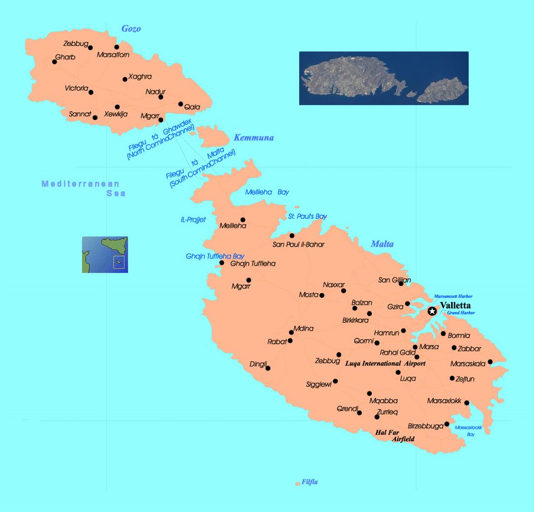 Detallado mapa de Malta y Gozo con carreteras y ciudades