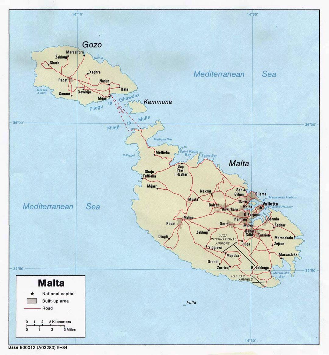 Detallado mapa político de Malta con carreteras, ciudades y pueblos - 1984