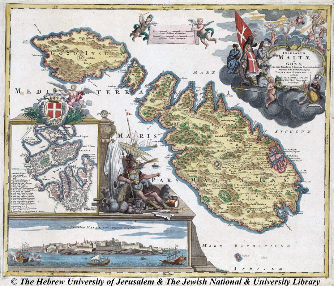 Grande detallado mapa antigua de Malta y Gozo - 1720