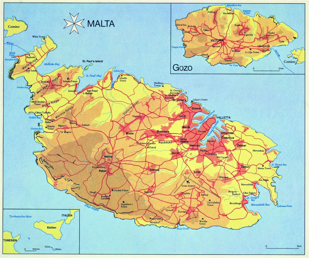 Grande detallado mapa elevación de Malta y Gozo con carreteras, ciudades y pueblos