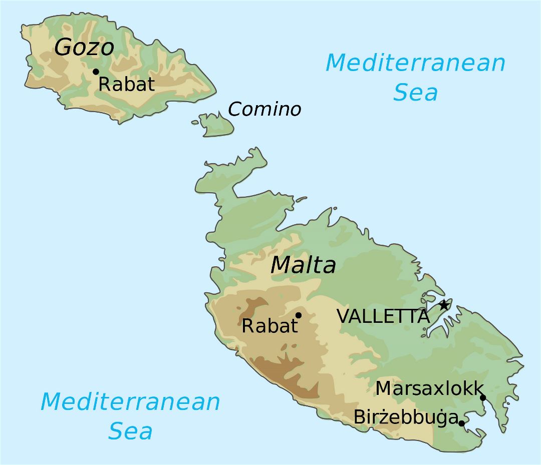Grande detallado mapa elevación de Malta y Gozo