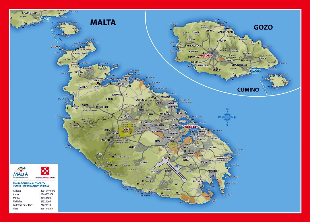 Grande detallado mapa elevación y turístico de Malta y Gozo con carreteras, ciudades y pueblos