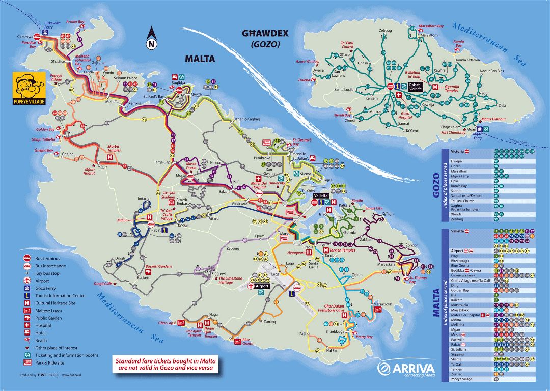 Grande detallado mapa turística de Malta y Gozo con líneas de autobuses