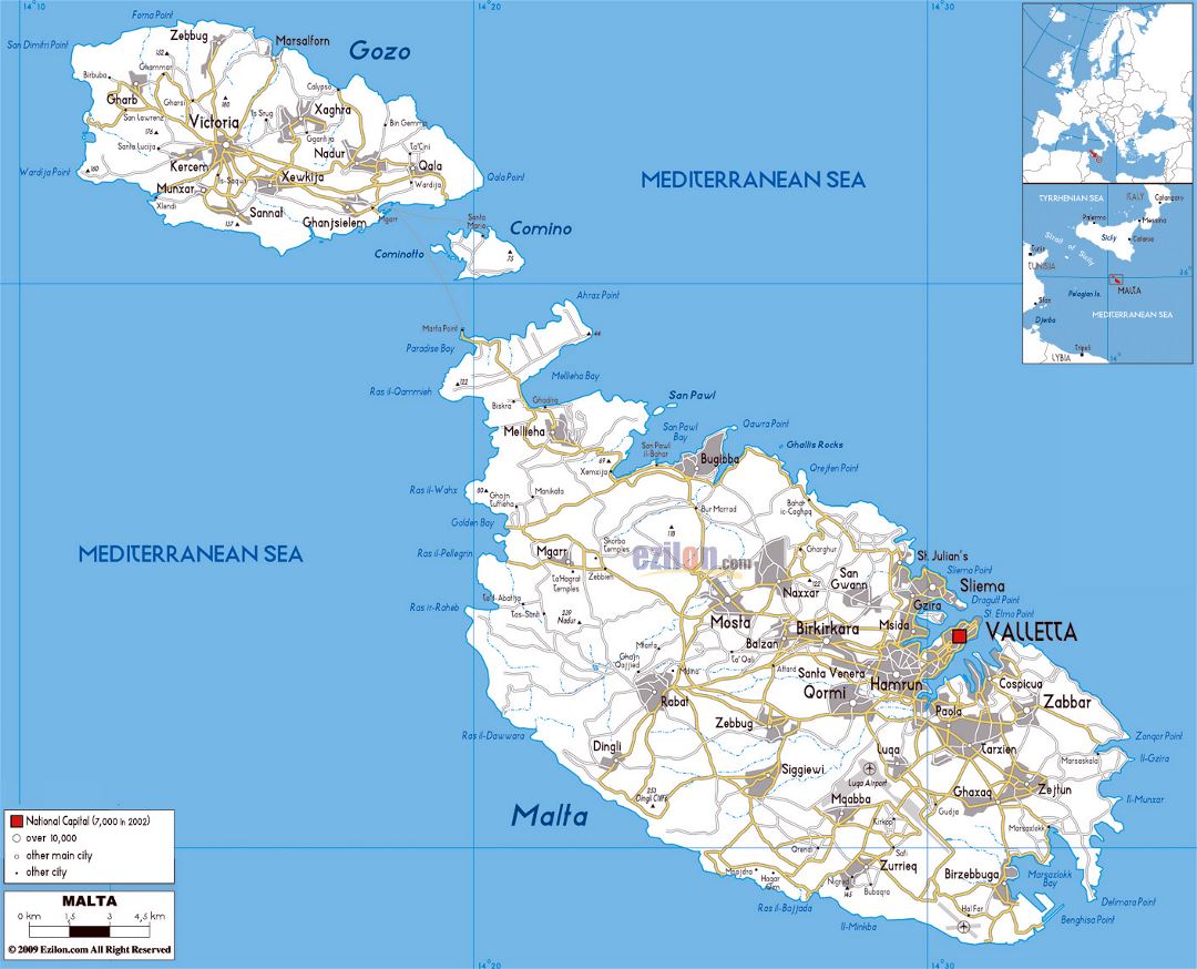 Grande hoja de ruta de Malta con ciudades y aeropuertos