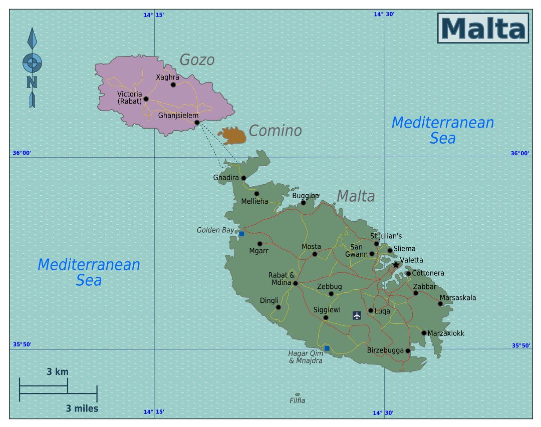 Grande mapa de Malta y Gozo con carreteras y ciudades