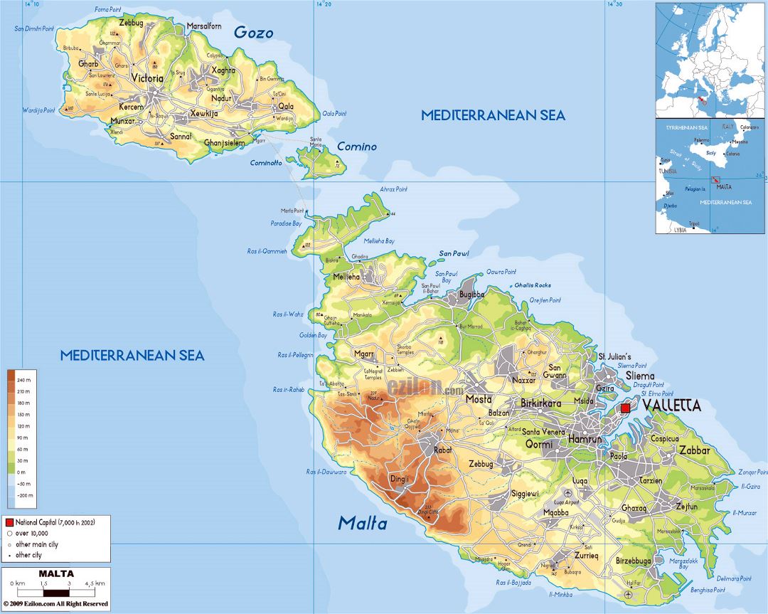 Grande mapa físico de Malta con carreteras, ciudades y aeropuertos