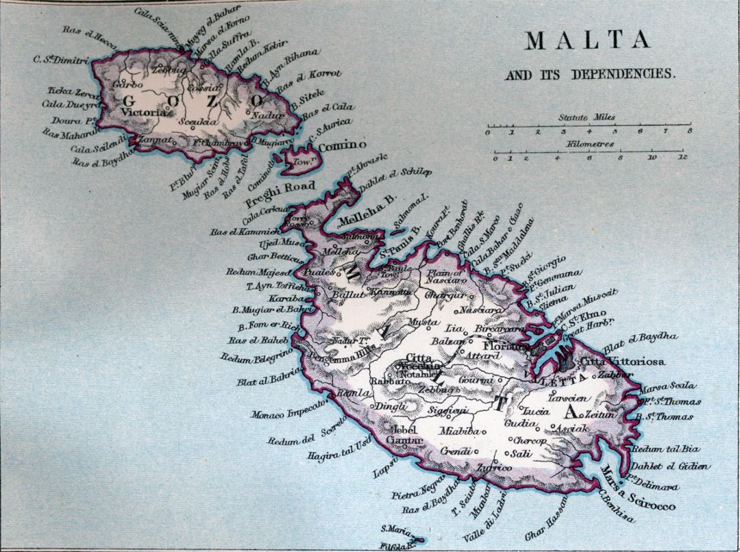Grande mapa vieja de Malta con alivio y otras marcas - 1907