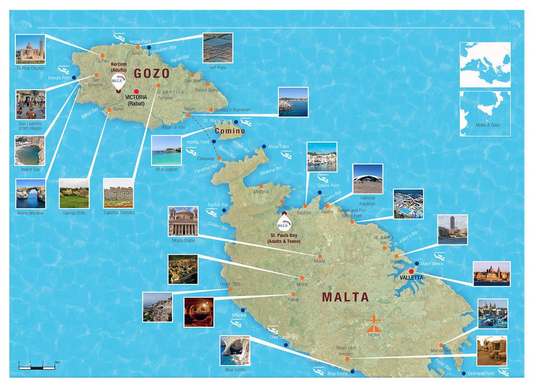 Mapa de viaje grande de Malta y Gozo