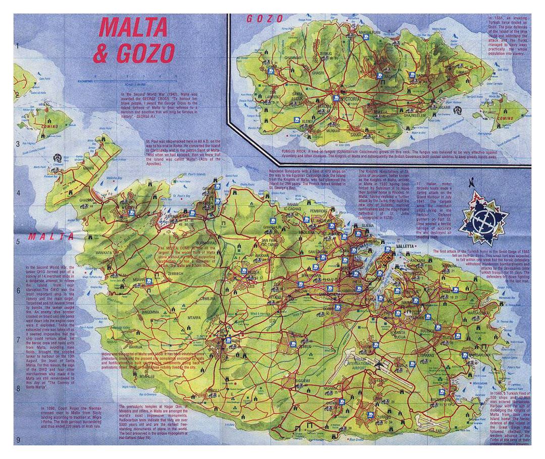 Mapa turístico de Malta con alivio, caminos y ciudades