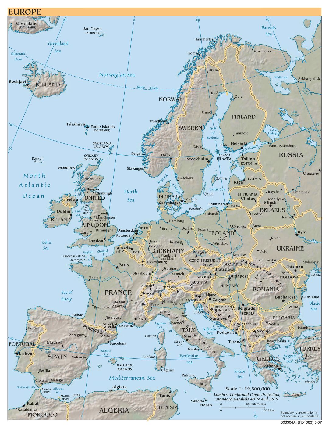 Mapa a gran escala política de Europa con alivio - 1997
