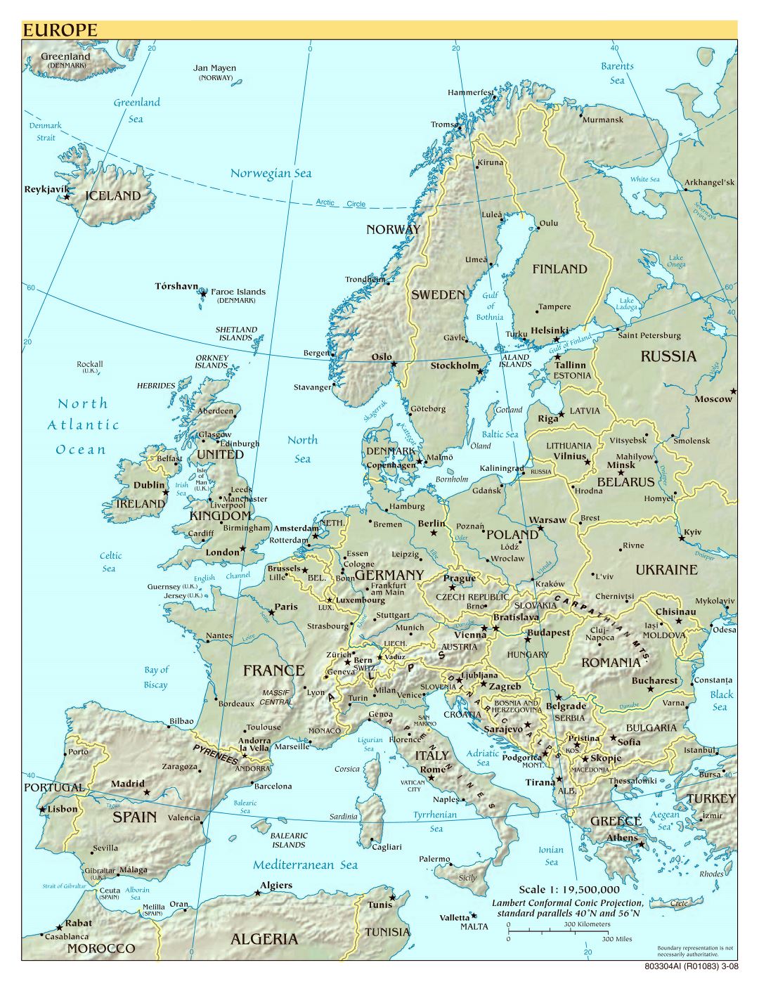 Mapa a gran escala política de Europa con alivio - 2008