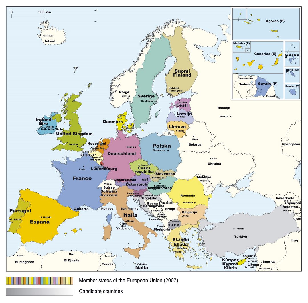 Mapa detallado de los Estados miembros de la Unión Europea - 2007