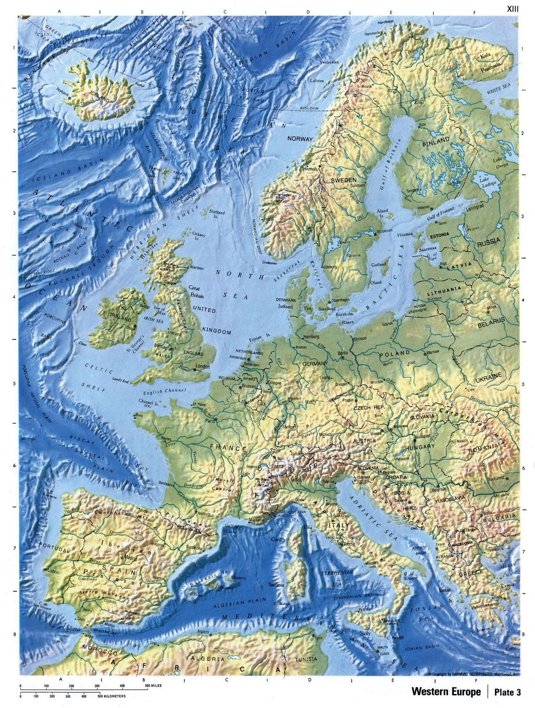 Mapa detallado relieve de Europa Occidental