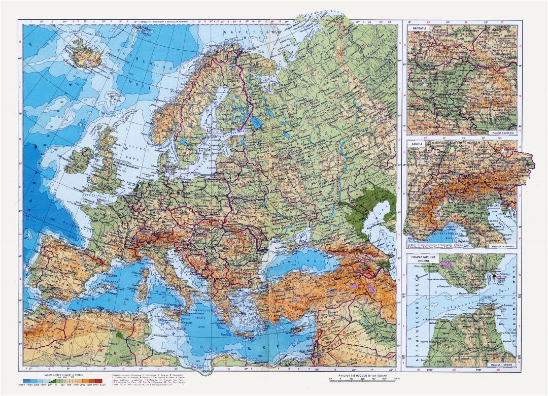 Mapa físico detallado de Europa en ruso