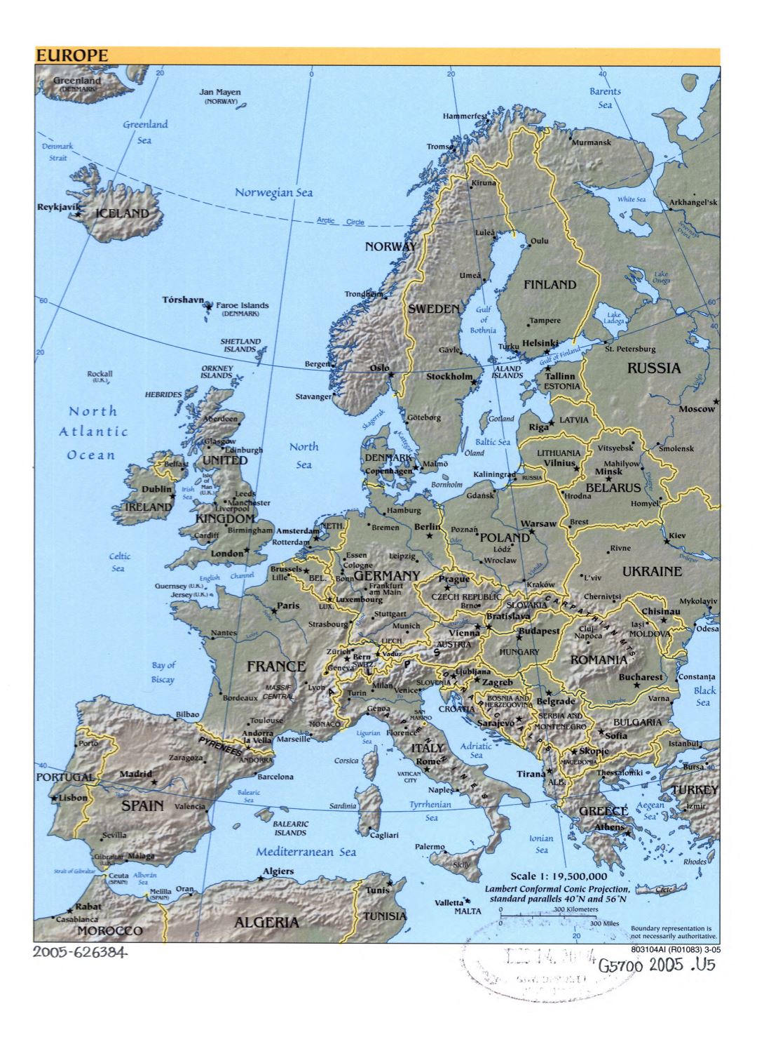 Mapa grande política de Europa con alivio, las marcas de las capitales y principales ciudades - 2005