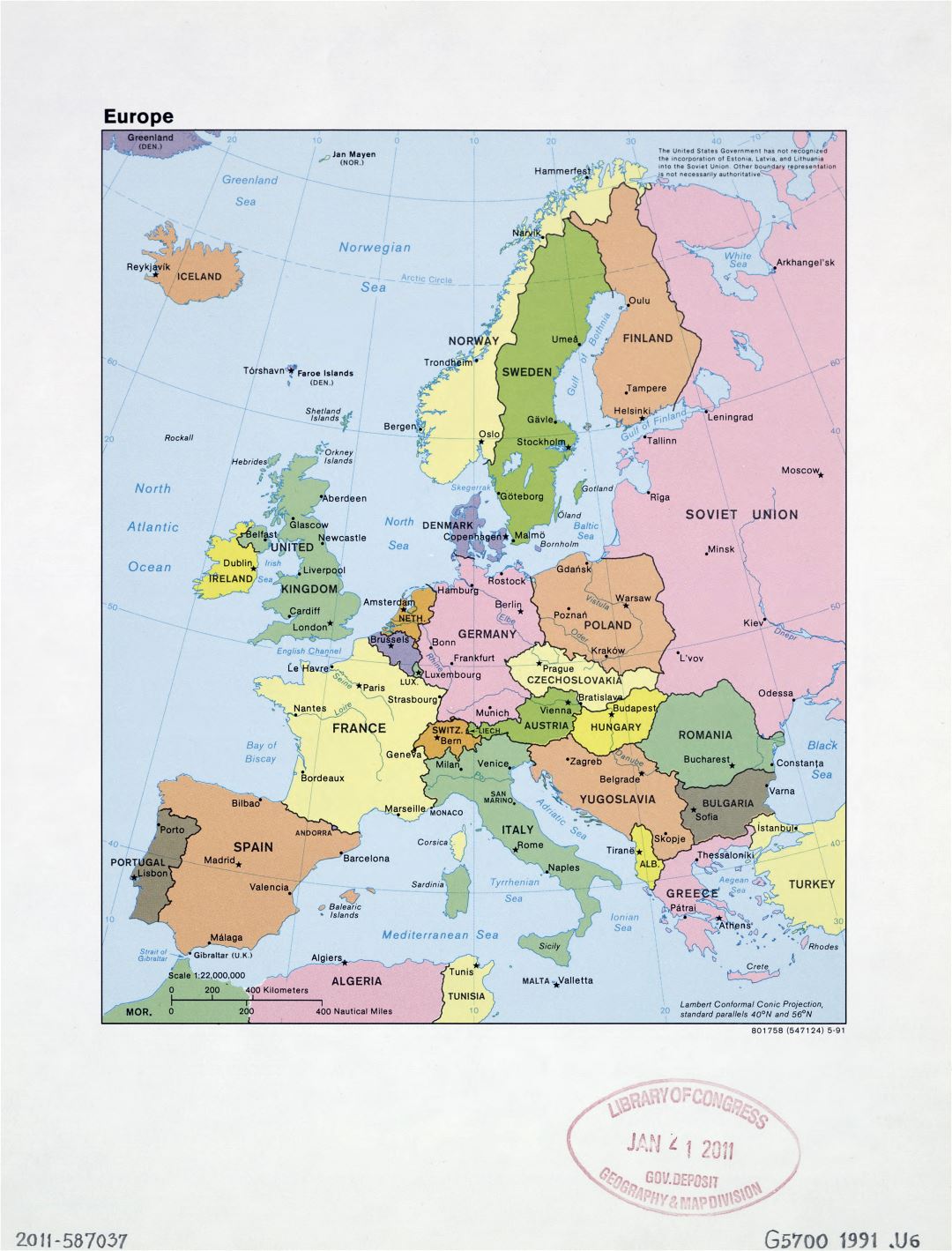Mapa grande política detallado de Europa con las marcas de las capitales, ciudades importantes y nombres de países - 1991