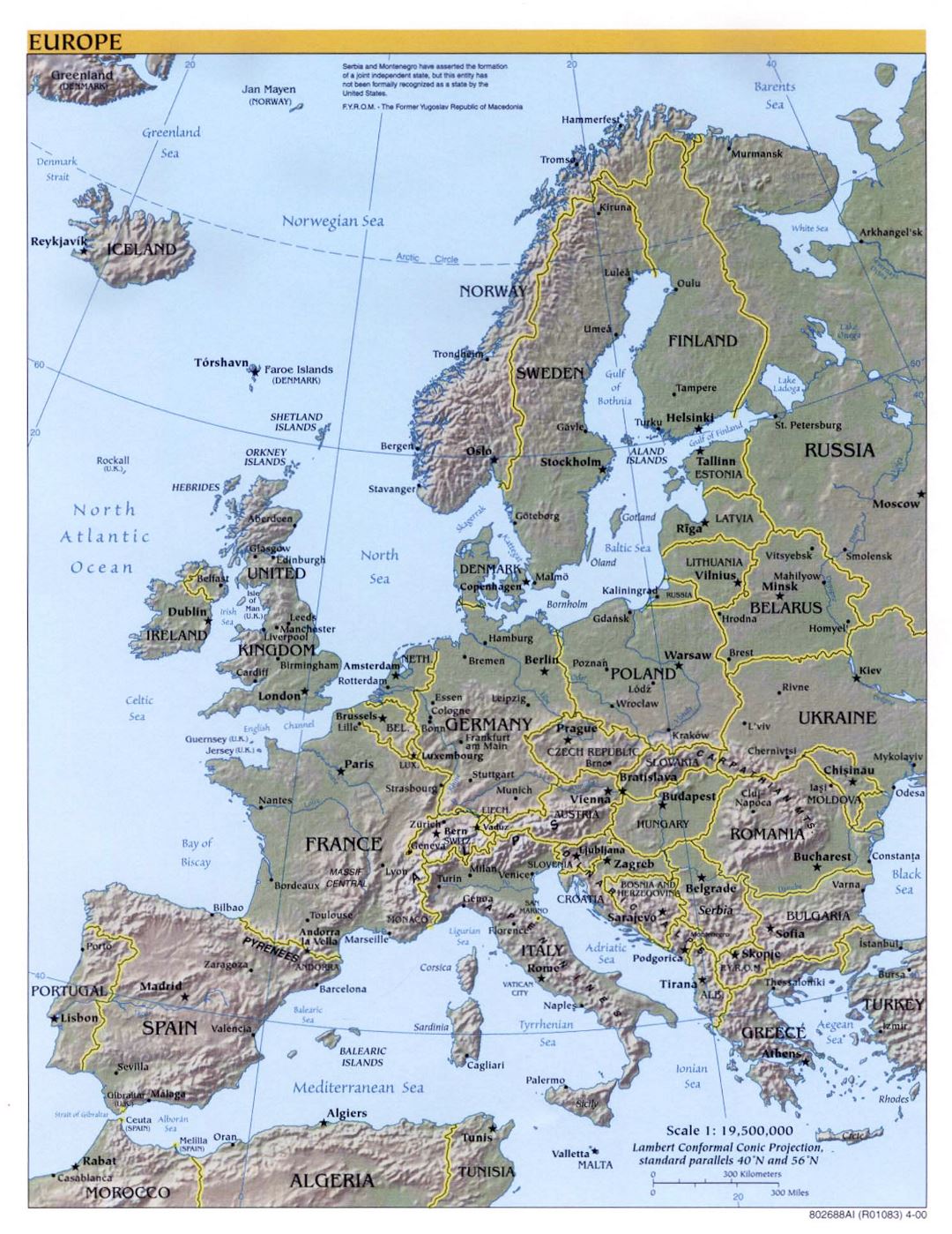 Mapa grande política detallado de Europa de alivio, las capitales y principales ciudades - 2000