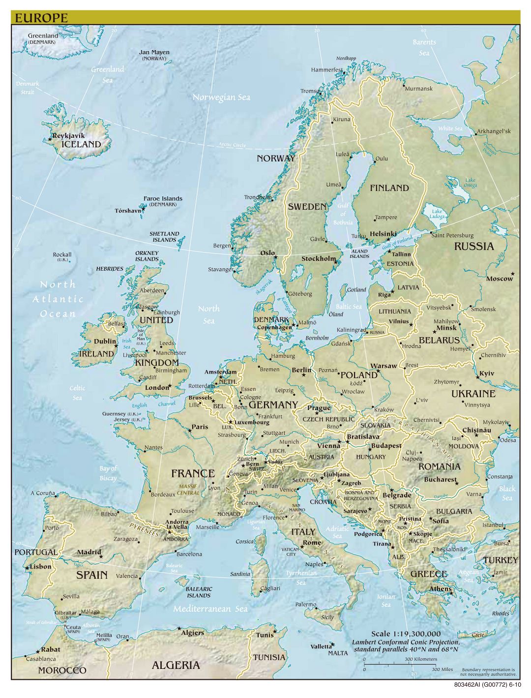Mapa político a gran escala de Europa, con alivio, las capitales y principales ciudades - 2010