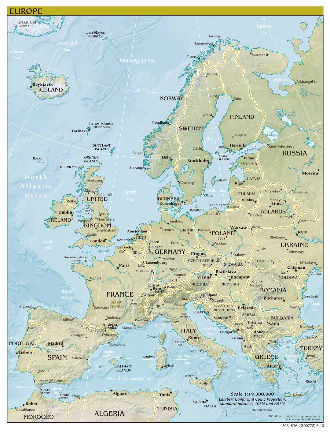 Mapa político a gran escala de Europa, con alivio, las capitales y principales ciudades - 2010