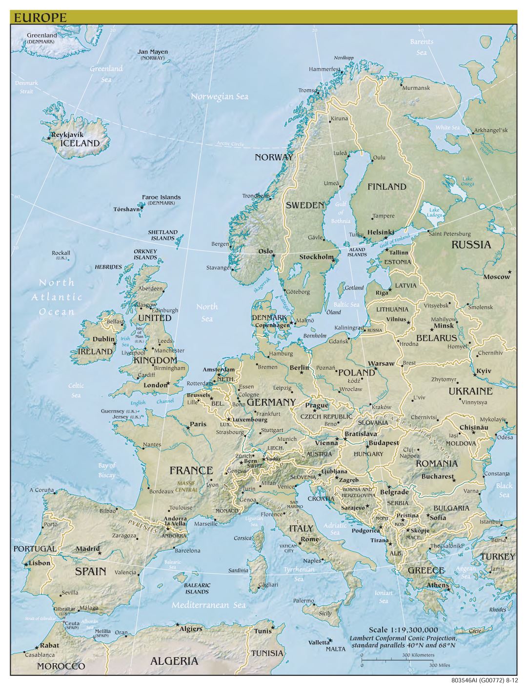 Mapa político a gran escala de Europa, con alivio, las capitales y principales ciudades - 2012