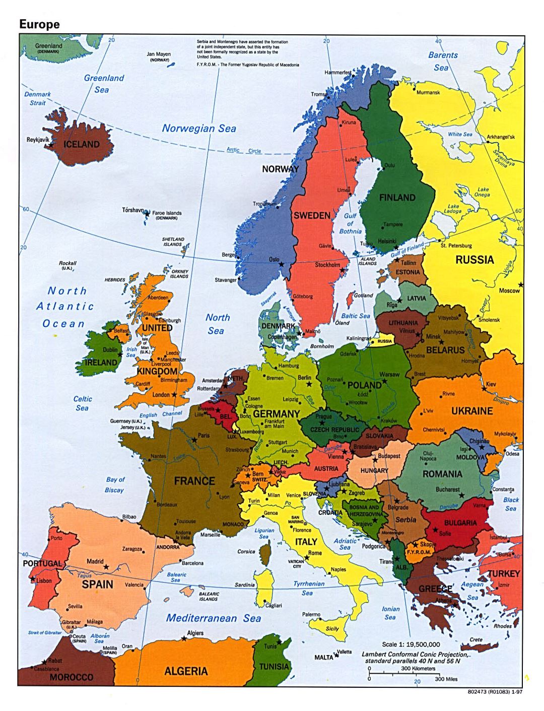 Mapa político detallado de Europa con las capitales y principales ciudades - 1997