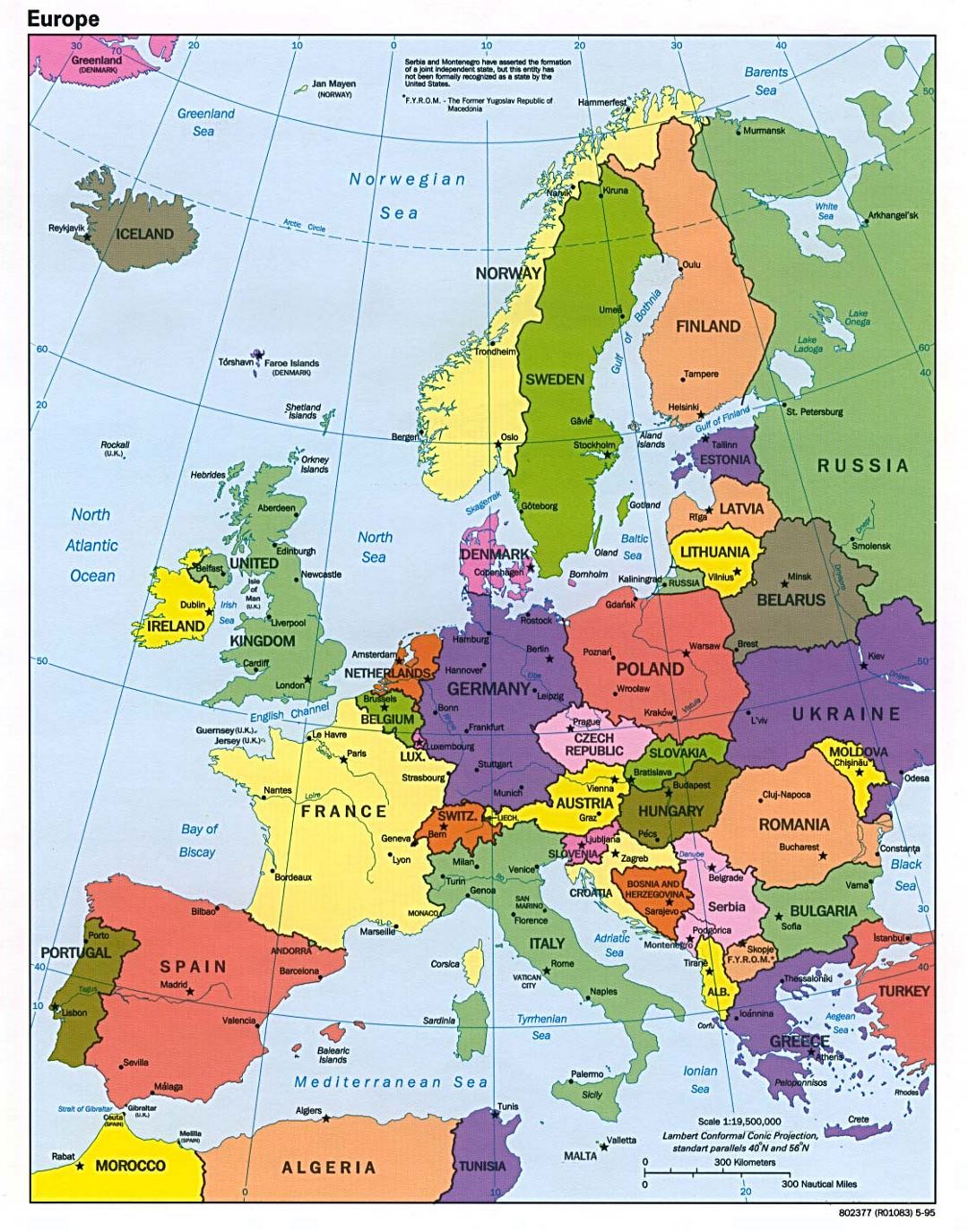Mapa político detallado de Europa con las principales ciudades - 1995