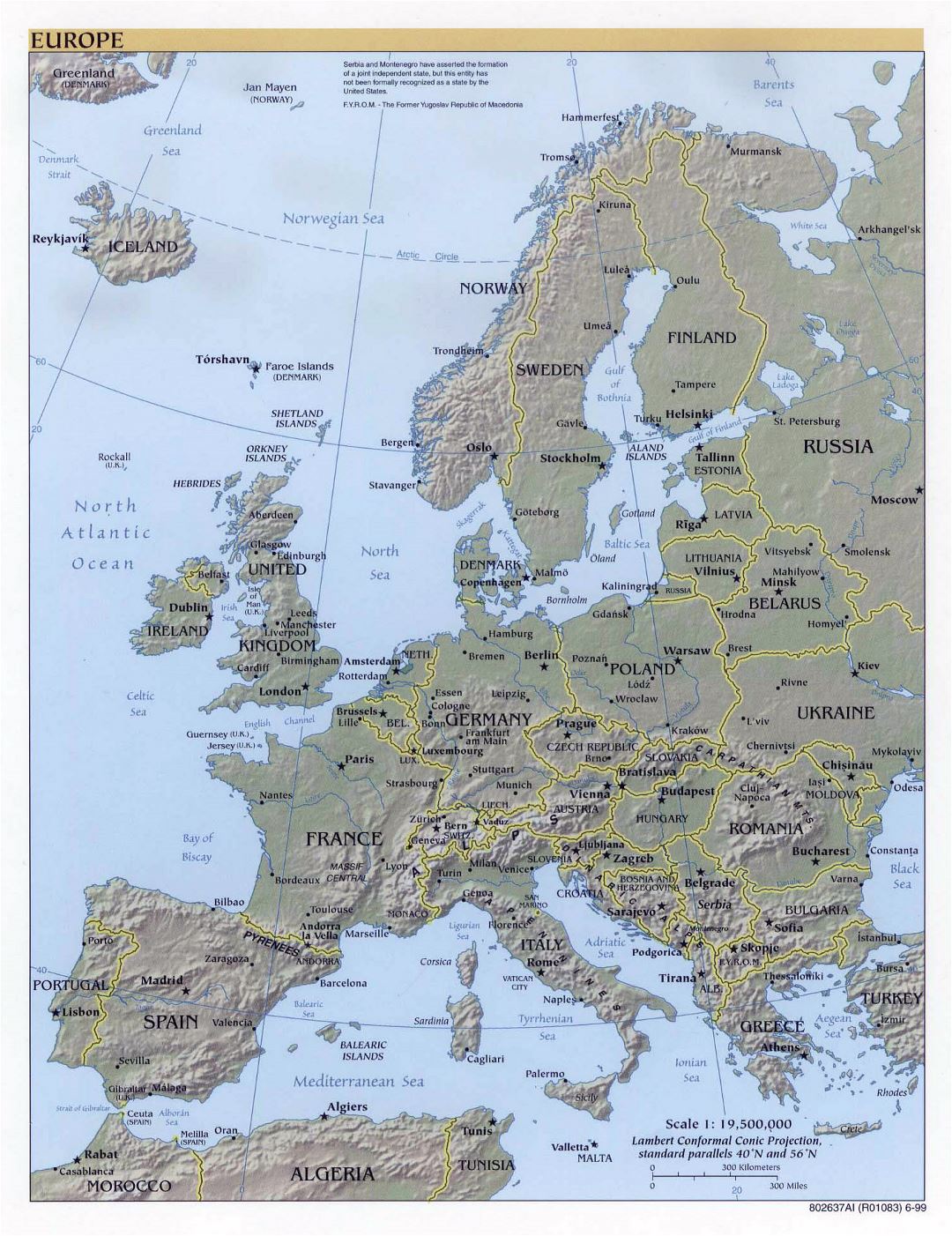 Mapa político grande de Europa con alivio - 1999