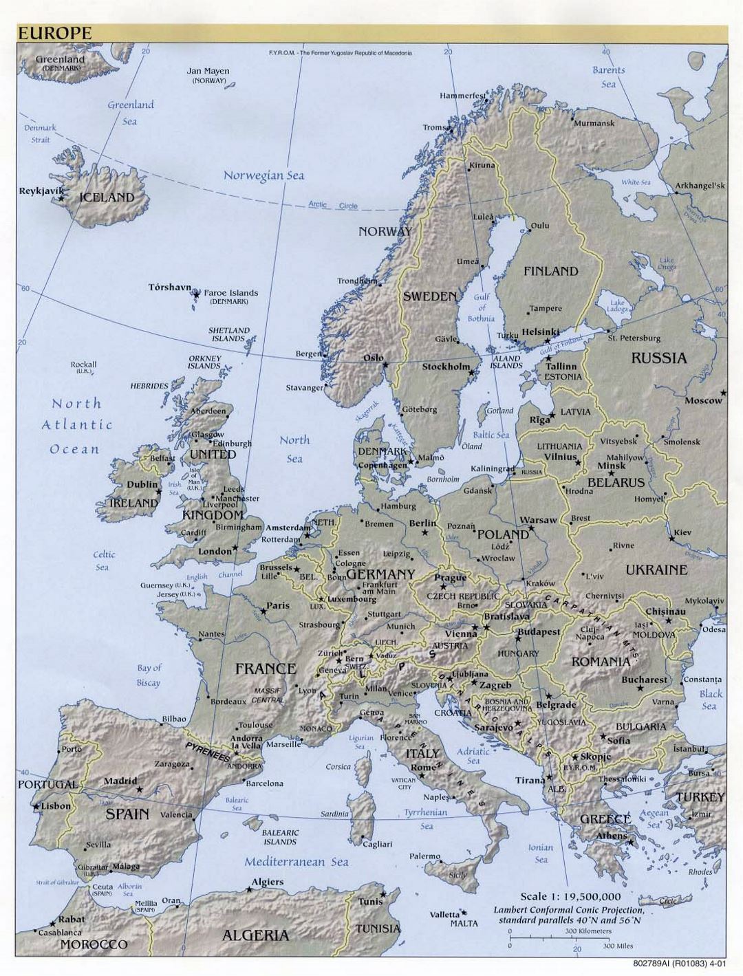 Mapa político grande de Europa, con alivio, las principales ciudades y capitales - 2001