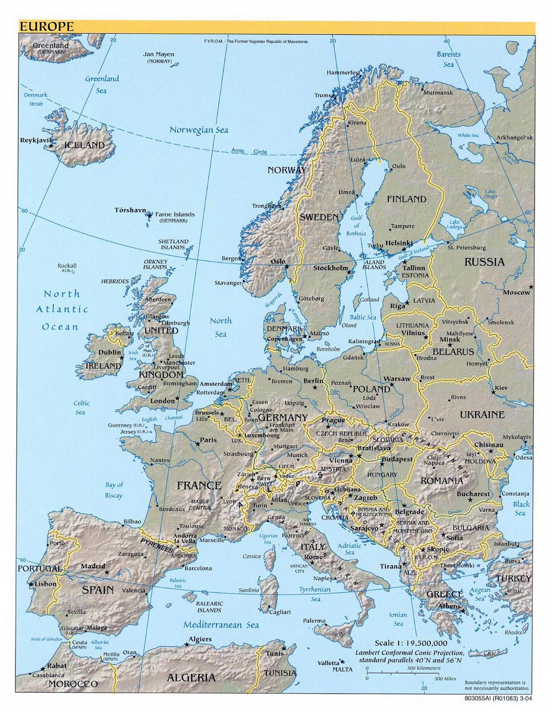 Mapa político grande de Europa, con alivio, las principales ciudades y capitales - 2004