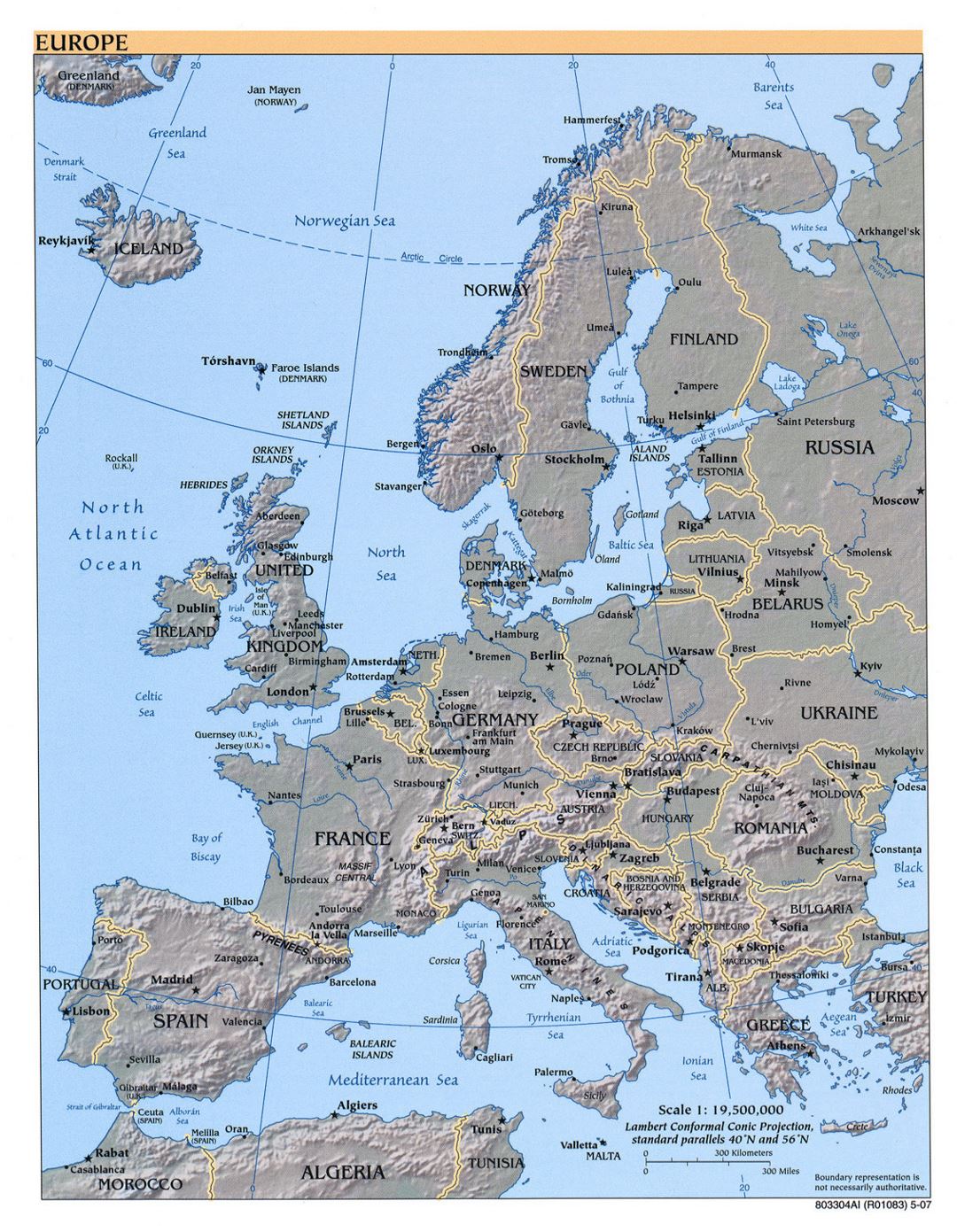 Mapa político grande de Europa con alivio y capitales - 2007
