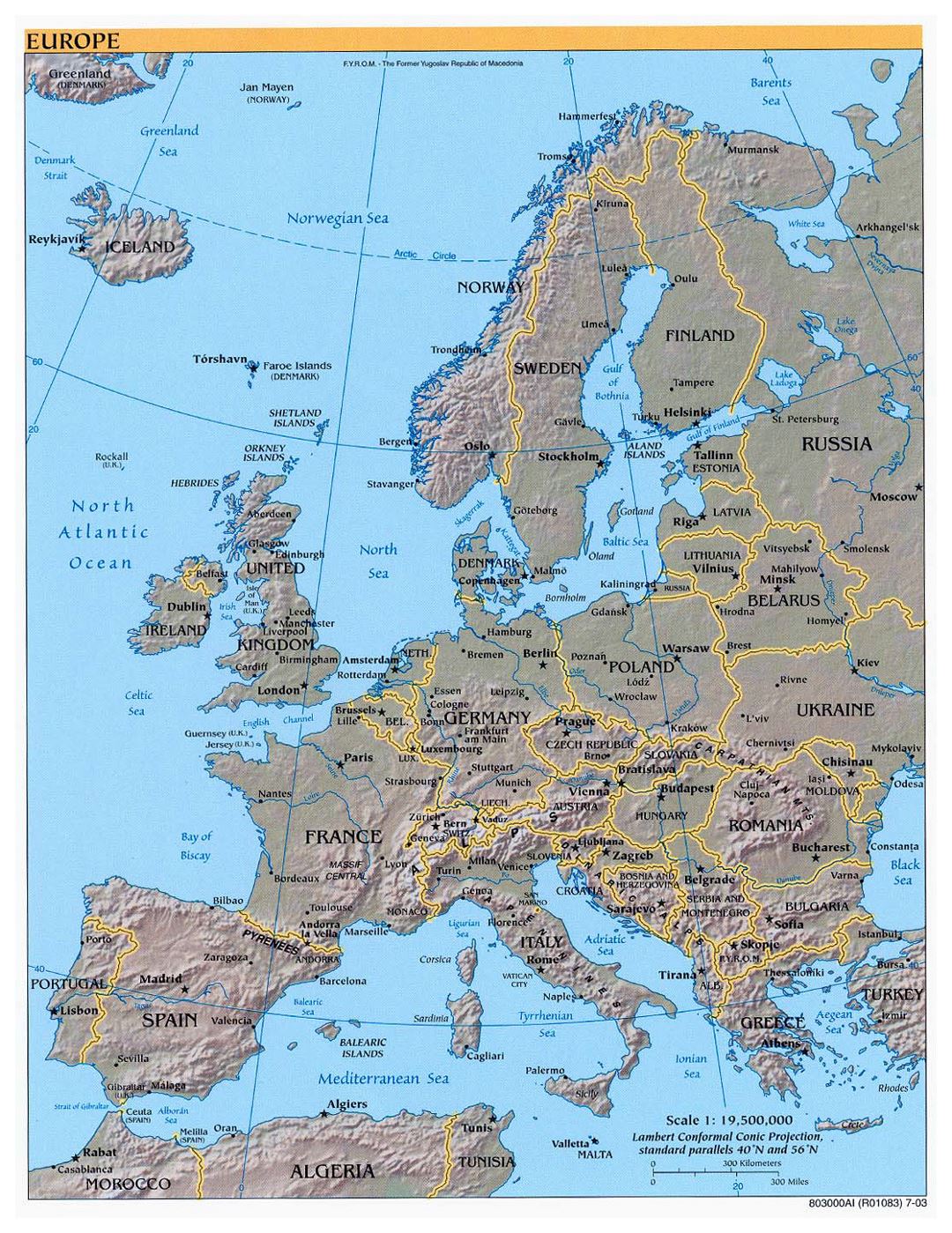 Mapa político grande de Europa, con alivio y las principales ciudades - 2003