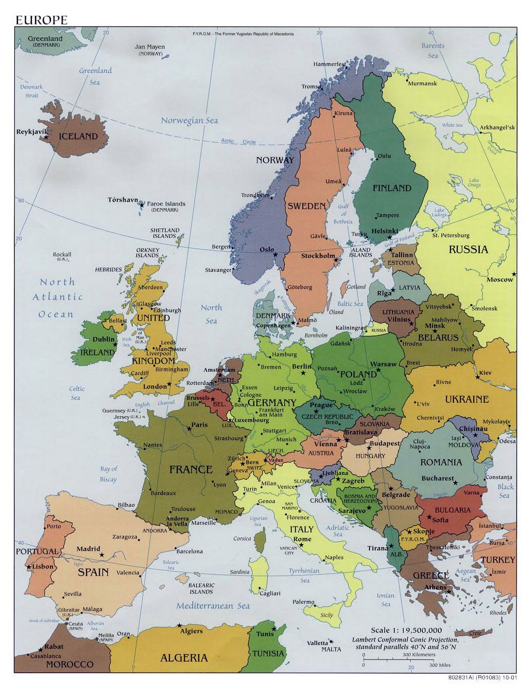 Mapa político grande de Europa, con capitales - 2001