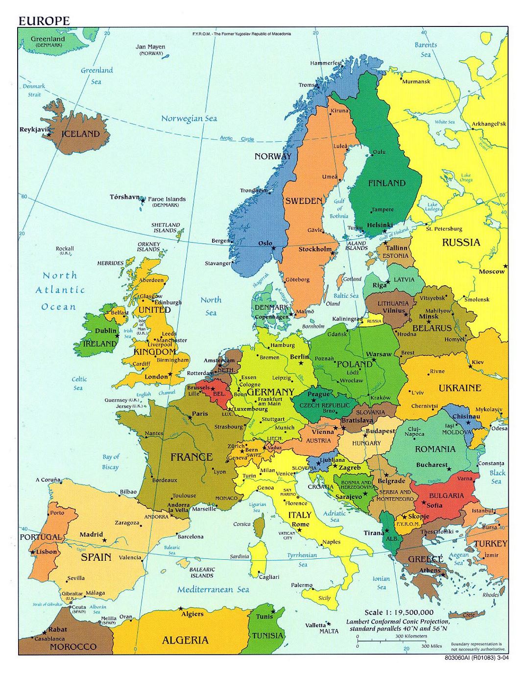Mapa político grande de Europa, con las capitales y principales ciudades - 2004