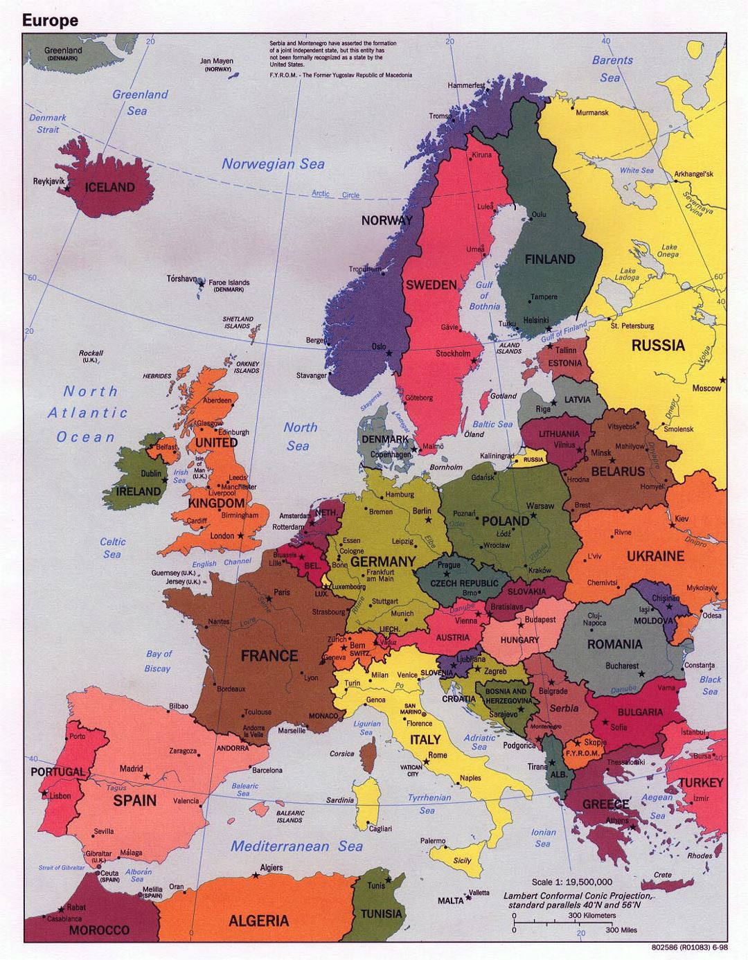 Mapa político grande de Europa con las principales ciudades - 1998