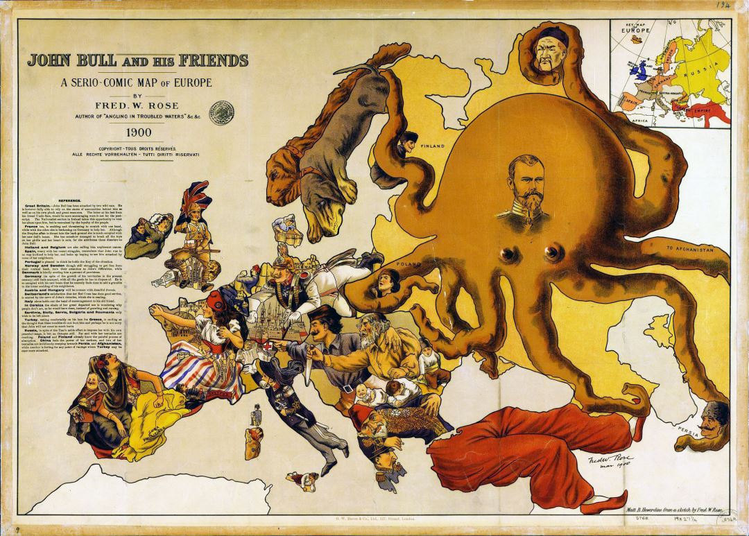Ampliación de un mapa detallado cómico serio de Europa - 1900