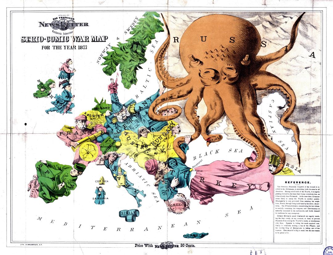 Gran mapa detallado de edad guerra cómico serio de Europa - 1877
