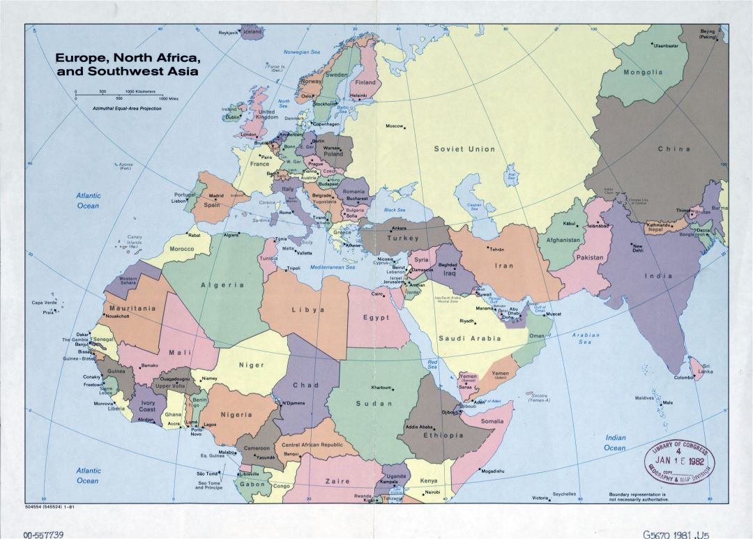 Grande antiguo mapa político detallado de Europa, norte de África y el suroeste de Asia - 1981