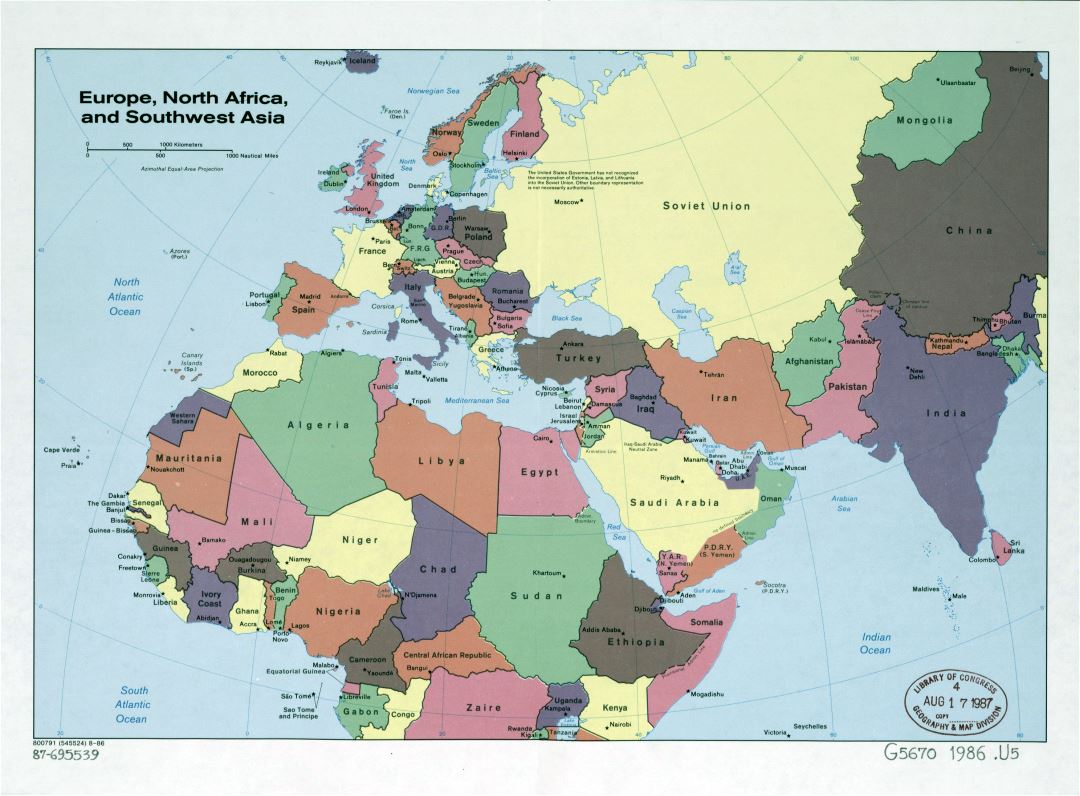 Grande antiguo mapa político detallado de Europa, norte de África y el suroeste de Asia - 1986