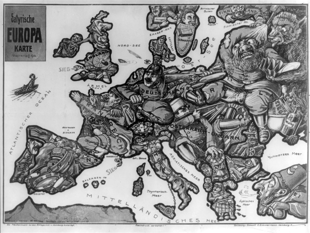 Mapa grande satírica antigua de Europa - 1914