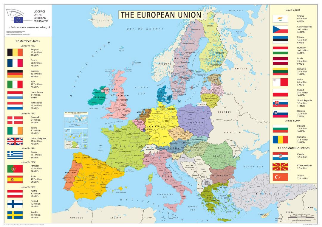 Miembros de la Unión Europea Unidos mapa detallado