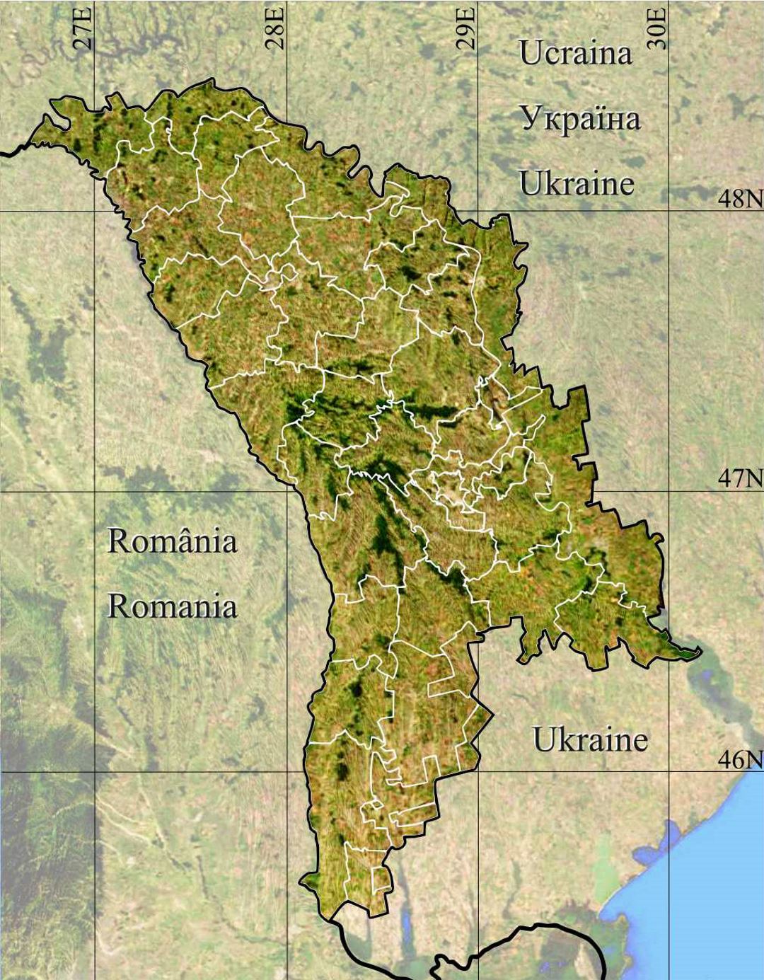 Detallado mapa de Moldavia con terreno y administrativos divisiones
