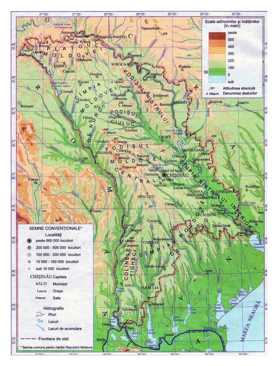 Detallado mapa físico de Moldova