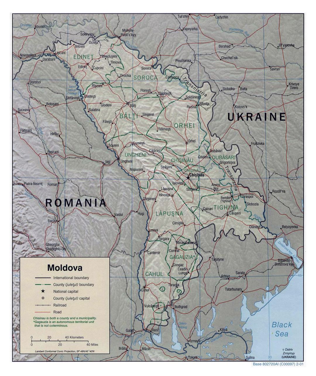 Detallado mapa político y administrativo de Moldavia con alivio, carreteras, vías férreas y principales ciudades - 2001
