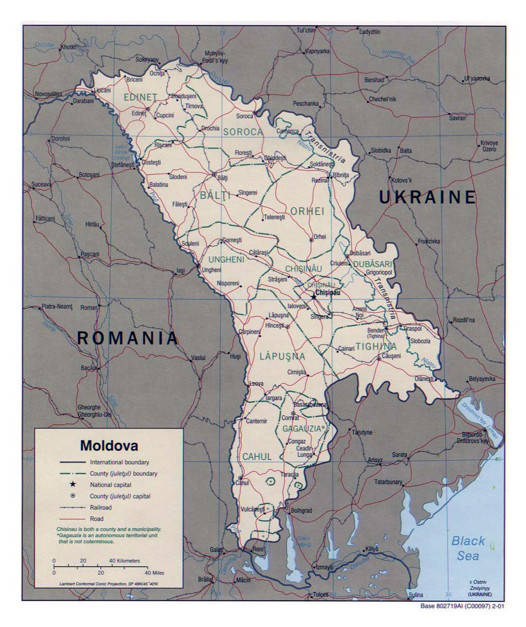 Detallado mapa político y administrativo de Moldavia con carreteras, ferrocarriles y principales ciudades - 2001