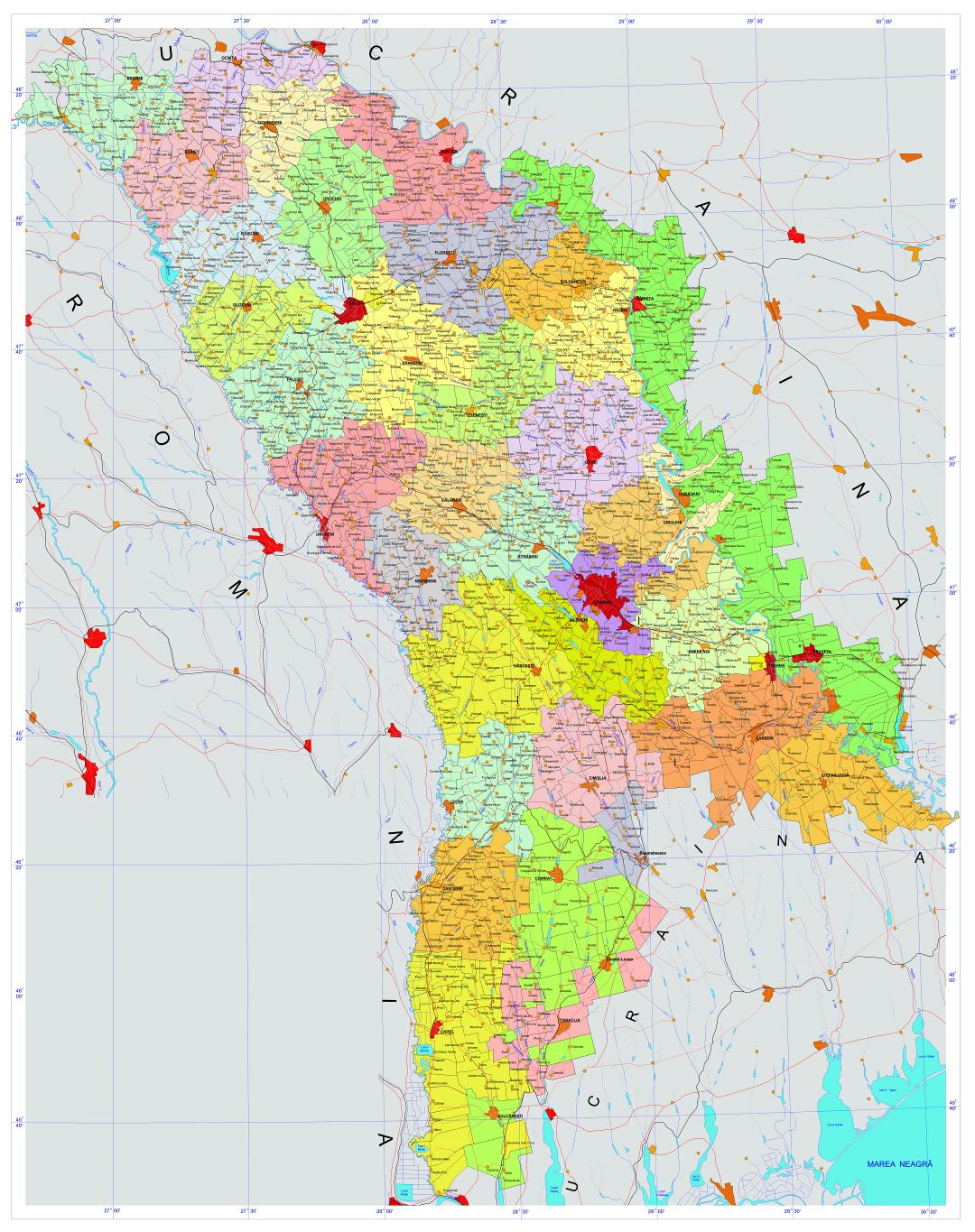 Grande detallado mapa administrativo de Moldavia con todas carreteras, ciudades, pueblos y aeropuertos