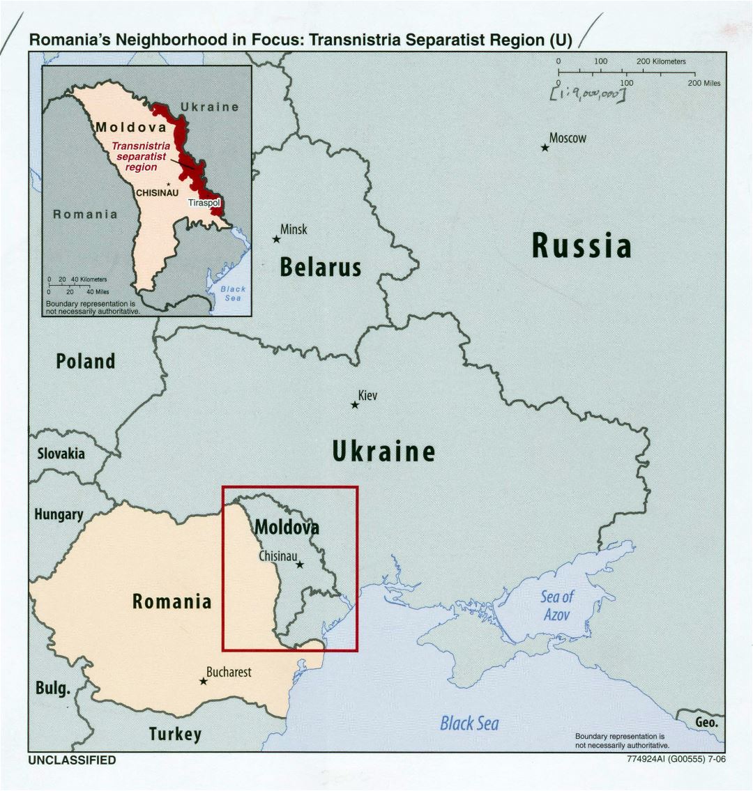 Grande detallado mapa de la zona de Rumanía en foco - región separatista de Transnistria - 2006