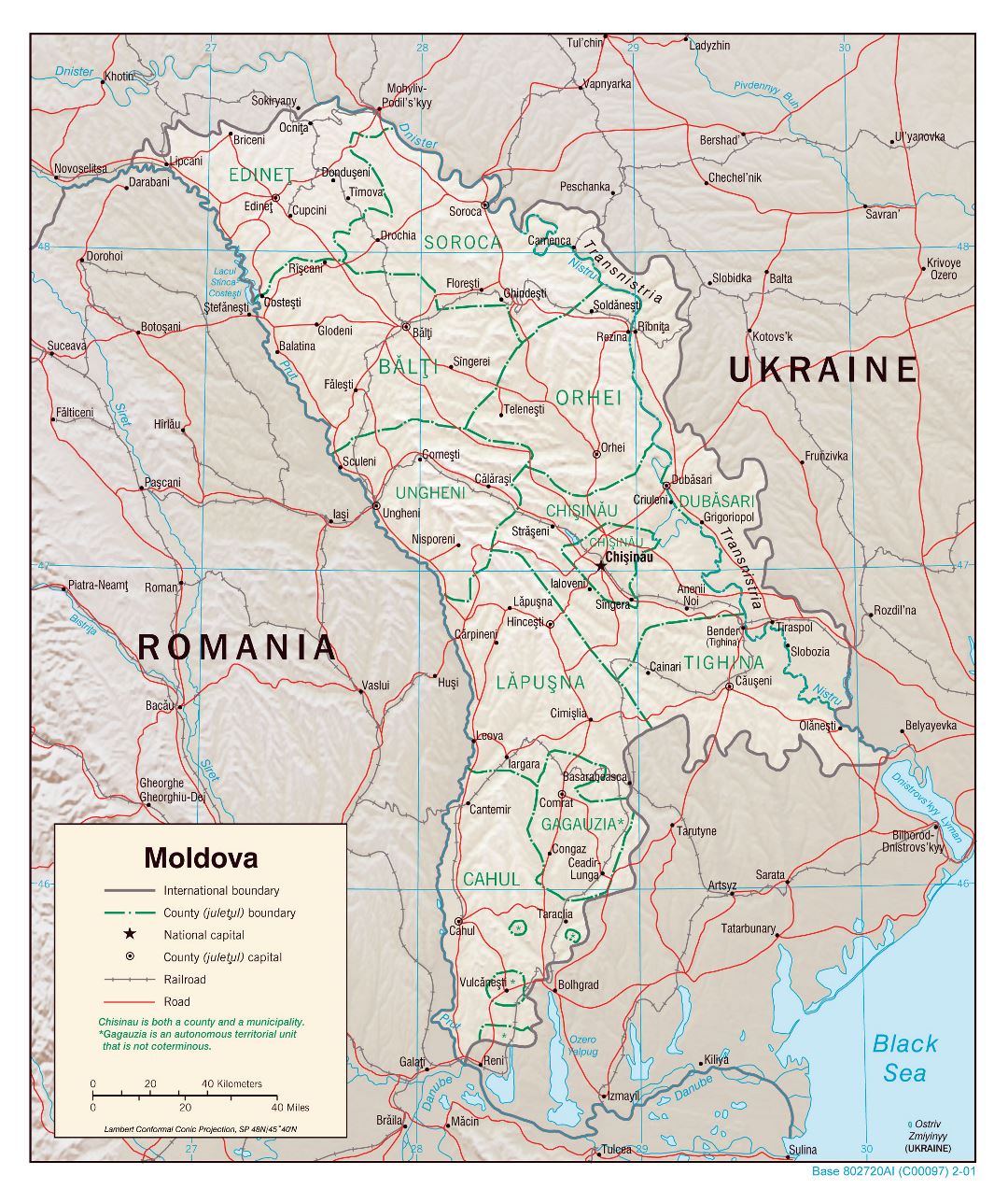 Grande detallado mapa política y administrativa de Moldavia con alivio, carreteras, vías férreas y principales ciudades - 2001