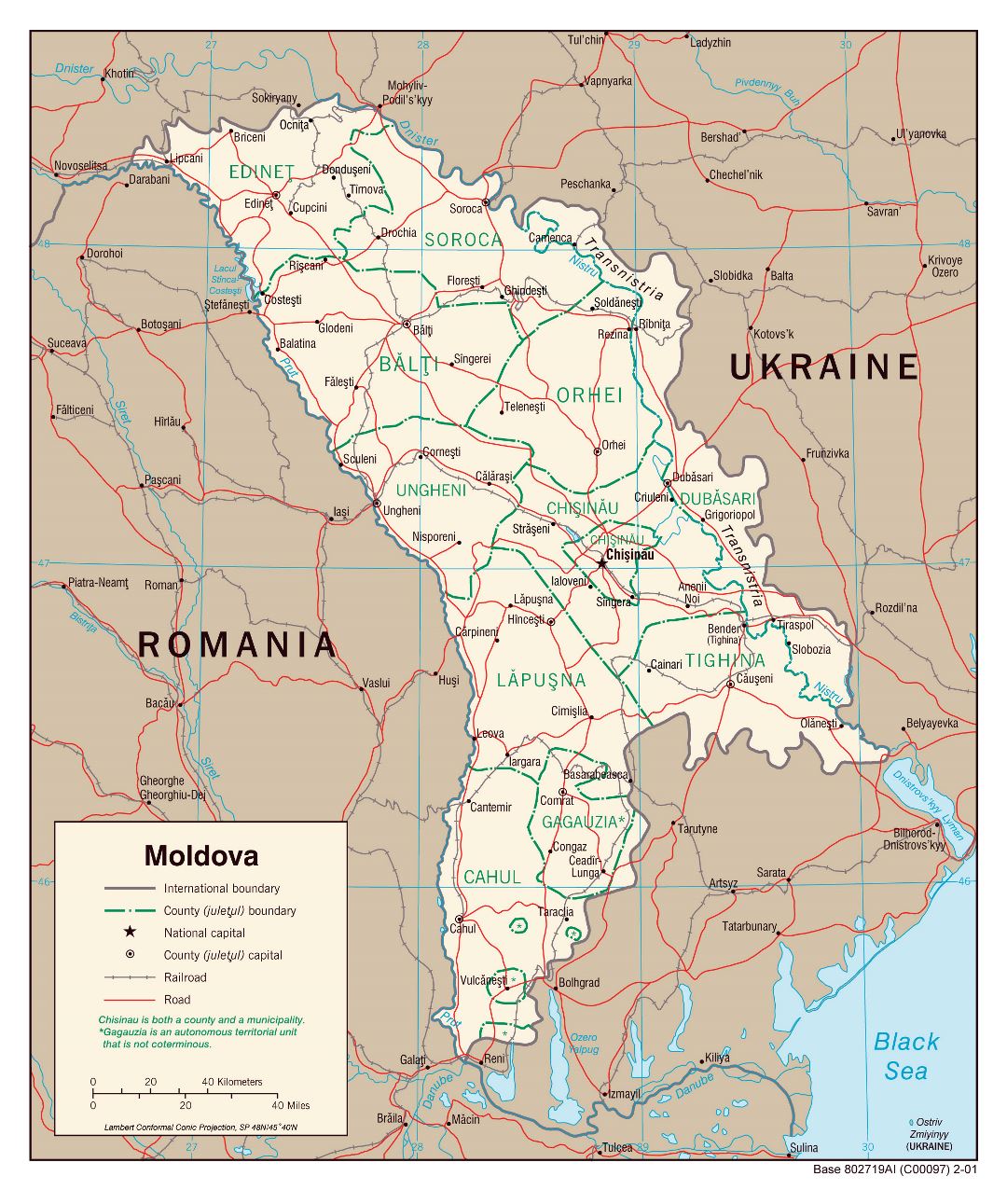 Grande detallado mapa política y administrativa de Moldavia con carreteras, ferrocarriles y principales ciudades - 2001